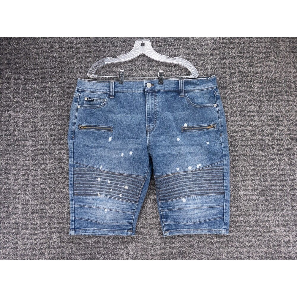Rocawear Jean Shorts Mens 40 Actual 41 Blue White Blotches Stretch Denim Moto